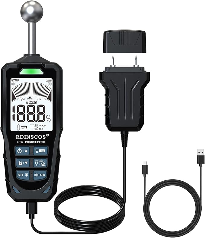 RDINSCOS 2-in-1 Pin & Pinless Moisture Meter | Digital Moisture Detector, For Wood, Drywall & Building Materials, Adjustable Alarm Threshold,3-Color Indicator