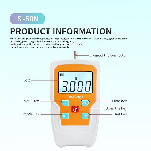 Digital Force Gauge Push and Pull Meter Dynamometer Tension Pressure Tester Thrust Meter Compression Load Plug Force Destructive Tests 50N/5kg/11lbf/180Oz