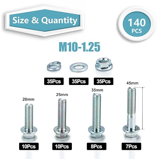 Kadrick 140Pcs Flange Hex Bolts and Nuts Kit,M10 x1.25（M6-1.0 M8 x1.25 Available） (20mm to 45mm) Metric Bolt Assortment,Alloy Steel Class 8.8 Zinc Plated