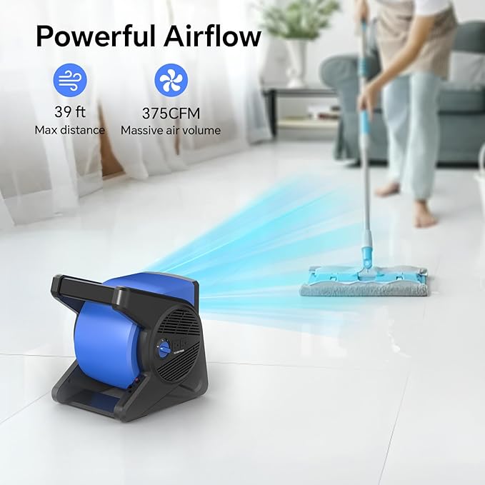 shinic 15" Utility Pivoting Blower Fan, Portable High Velocity Floor Blower with 2 120V Outlets, 3 Speeds Utility Fan Air Mover, Ideal for Work Shop Garage Gym Jobsite, Floor & Carpet Drying Use(Blue)