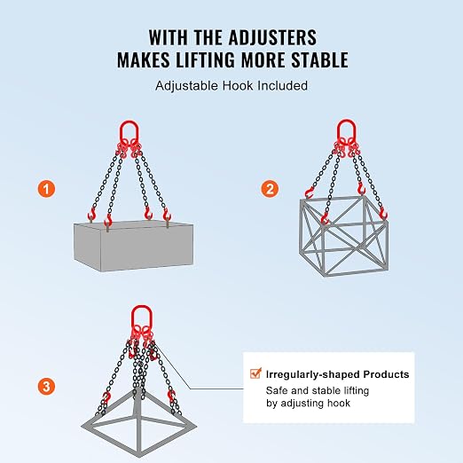 VEVOR Chain Sling, 1/4 inch x 5 ft Lifting Chains with Hooks, G80 Engine Chain Hoist Lifts, 6600 lbs/3 Ton Lifting Sling Chains for Engine Hoist, Engine Lift Chain with 4 Leg Grab Hooks and Adjusters