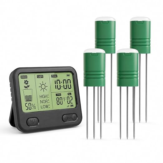 Soil Moisture Meter for Plants, 12-Zone Wireless Plant Water Meter, Soil Thermometer and Light Sensor, 4-in-1 TDR Tester, 230ft Range, IPX5 Waterproof for Indoor Outdoor Garden Lawn (Display+4 Sensor)