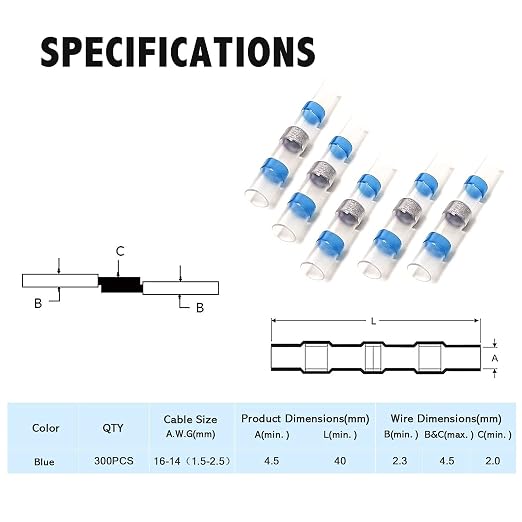Kuject 300PCS Blue Heat Shrink Butt Connector, Waterproof Self Solder Sleeve Electrical Butt Splice for Automotive Marine Boat Trailer Truck 16-14 Awg