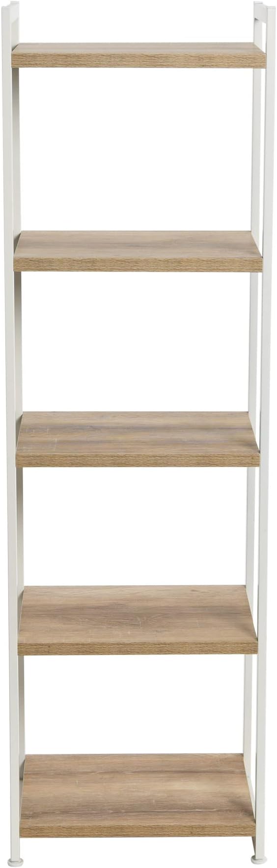 Household Essentials Narrow 5‑Shelf Open Storage Bookshelf, Coastal Oak Wood Grain with White Metal Frame
