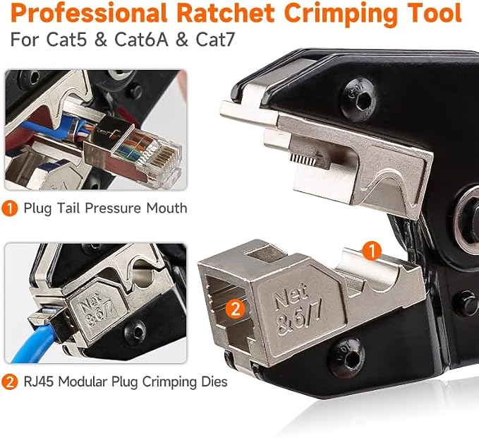 HKS Ratcheting RJ45 Pass Through Crimp Tool with Alloy Steel Jaws for Cat5 Cat6 Cat7（N567）