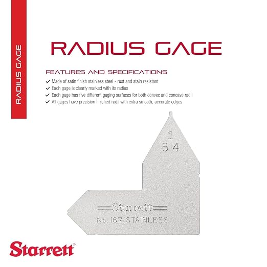 Starrett Individual Radius Gage for Both Convex and Concave Radii - Ideal for Carpenters and Constructions - Stainless Steel, 1/64" Radius Gage, Inch Reading - 167-1/64