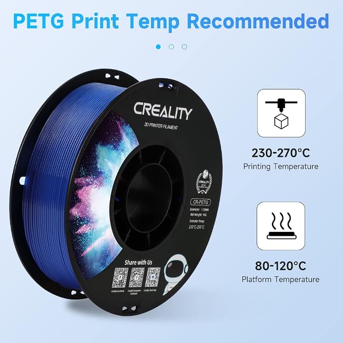 Creality PETG Filament 1.75mm Transparent Blue, 3D Printer Filament No-Tangling, Strong Bonding and Overhang Performance Dimensional Accuracy +/-0.02mm, 2.2lbs/Spool
