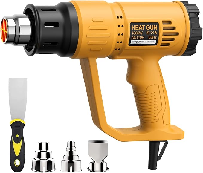 Heat Gun, TGK® 1800W Heavy Duty Hot Air Gun Kit 662℉ & 1112℉ Dual Temperature Settings with 4 Nozzle Attachments Overload Protection for Crafts, Shrink Wrapping/Tubing, Paint Removing, Epoxy Resin