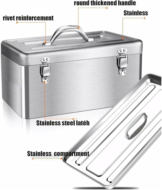 18" Metal ToolBox,Stainless Steel Tool Box,Heavy Duty Portable Tool Box,2 Layer with Carrying Handle metal locking latches make and Removable Tray,for Garage Workshop (Silver)