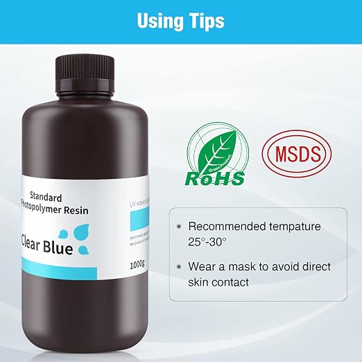 ELEGOO 3D Printer Resin 405nm LCD Fast UV Curing Standard Resin Photopolymer Resin High Precision Non Toxic Low Odor for DLP/LCD 3D Printing Clear Blue 1000G