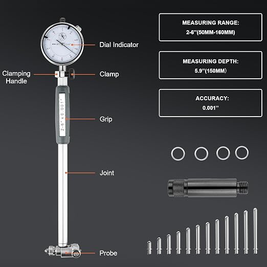 Precision Bore Gauge Set 2"-6" Range, 0.001" Accuracy, Bore Gauge for Engine Cylinder Measurement, Cylinder Wear& Out-of-Round Measurement Tool for Automotive Engine Machining, Industrial Maintenance