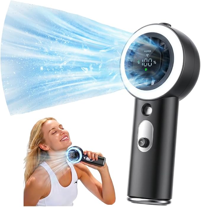 Portable Fan with Mist, Handheld Fan with 1-199 Speed, AC-Level Ice Cooling Personal Fan, 26000 RPM Powerful Turbo Fan, 40ml Water Tank & 5000mAh Battery Mini Fan for Travel, Makeup, Camping, Outdoors