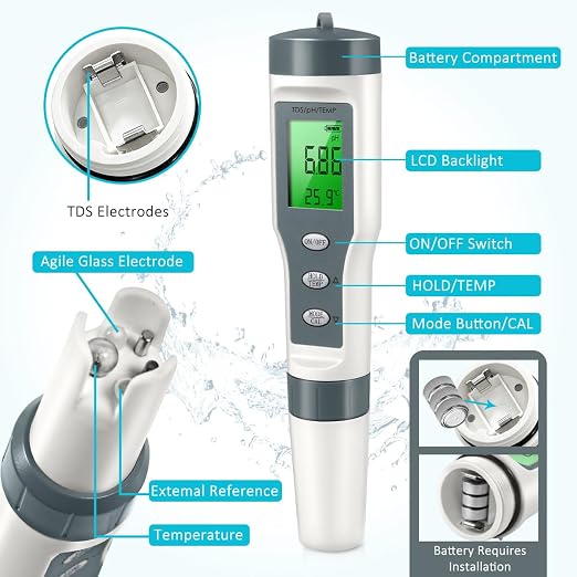 pH Meter, Digital 3-in-1 TDS, pH & Temperature Water Tester pH Pen, 0.01 High Accuracy Reader TDS Meter & PH Tester, pH Meter for Drinking Water, Aquarium,Pool, Hydroponics, Hot Tub, Garden, Wine, Lab