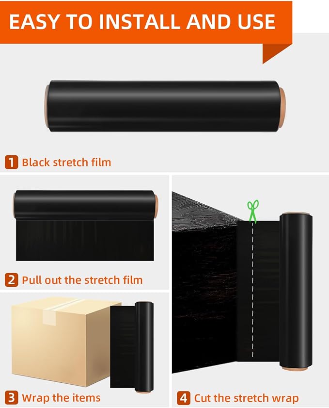 Black Stretch Wrap Film, Shrink Wrap 18in x 1500ft 4 Pack, Heavy Duty Privacy Pallet Wrap | Black film, Self-Adhesive Cling,, 80 Gauge Industrial Strength, for Privacy Moving Packing Shipping