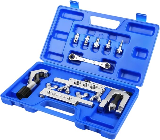 Wostore Single Flaring & Swaging Tool Kit – 45° Flare for HVAC, Brake Lines & Refrigeration Copper Tubing | 11-Piece Set with Tube Cutter, Ratchet Wrench & Carry Case, 1/8"–3/4" Sizes