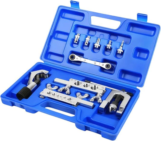 Wostore Single Flaring & Swaging Tool Kit – 45° Flare for HVAC, Brake Lines & Refrigeration Copper Tubing | 11-Piece Set with Tube Cutter, Ratchet Wrench & Carry Case, 1/8"–3/4" Sizes