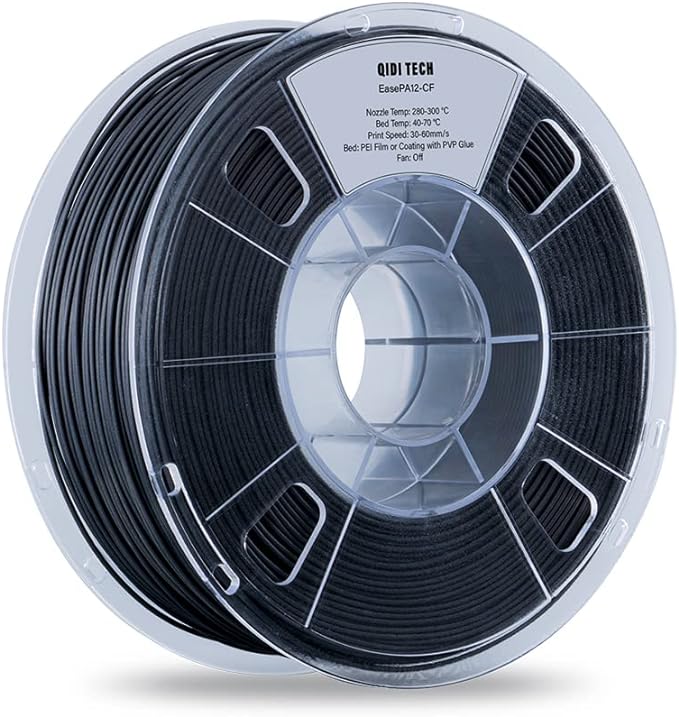 R QIDI TECHNOLOGY PA12-CF Nylon Filament 1.75 Black, Carbon Fiber Nylon Filament 1.75mm 1Kg Spool 3D Printer Filament, High Strength, High Precision, No Warpage, Low Moisture Sensitivity