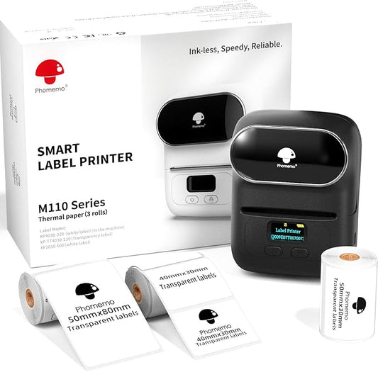 Phomemo M110 Label Printer - Label Maker Machine with 3 Roll Paper, Mini Portable Barcode Label Printer for Small Business, Retail, Address, Barcode, Home, for PC/Mac, iOS/Android- Ebony Black