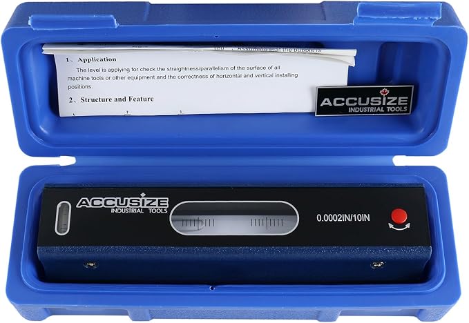 Accusize Industrial Tools 8'' Master Precision Level in Fitted Box, Accuracy: 0.0002''/10'', S908-C685 | Accuracy 0.0002"/10", V-Groove Base, Cross Test Vial, Insulating Grip, Cast Iron