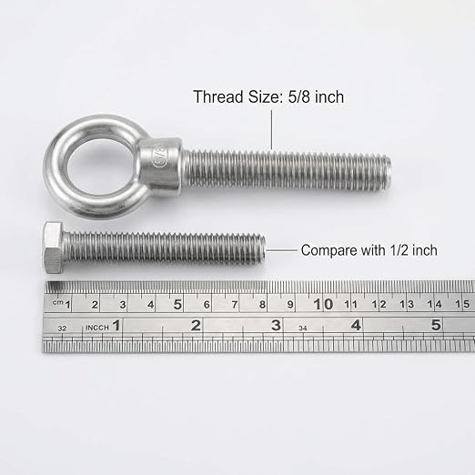 QWORK 5/8" x 4" Stainless Steel Shoulder Eye Bolts – 5 Pack Threaded Heavy Duty Fasteners for Wood, Metal & Cable Mounting