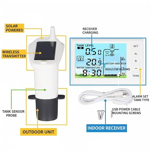 Ultrasonic Liquid Level Sensor Wireless Water Tank Depth Meter with Temperature Monitoring Automatic Control for Household Water Storage Systems ABS Material 4.3 Inch Display