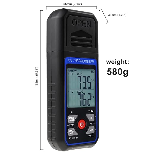 Dual-Channel K/J Thermocouple Thermometer with 4 K-Type Thermocouples -328°F ~ 2501°F Measurement Range HVAC Temperature Meter Gauge with Data Hold, MAX/MIN/AVG, Hi/Lo Backlit Alarm, ADJ Compensation