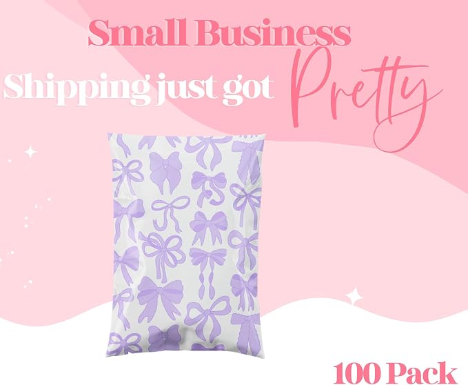 Pretty Package Store 14.5x19 Designer Poly Mailer 100 Pack Heavy Duty Waterproof Self Seal Shipping Bags for Small Business Large Mailing Envelopes Bulk Tear Resistant Packaging Purple Bows
