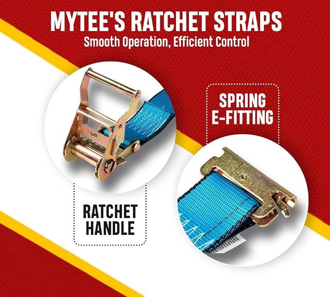 Mytee Products 2'' x 20' E Track Straps w/Spring E-Fittings - Blue Ratchet Etrack Straps w/Heavy Duty 4000 lbs Breaking Strength for Enclosed Trailers, Trucks & Vans