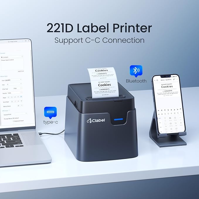 CLABEL 2in Desktop Thermal Label Printer, 221D Bluetooth Barcode Sticker Maker for Small Business, No RFID Lock, Built-in Paper Bin, for Retail Clothing Tag Price, Bakery Food, Office Mailing Address