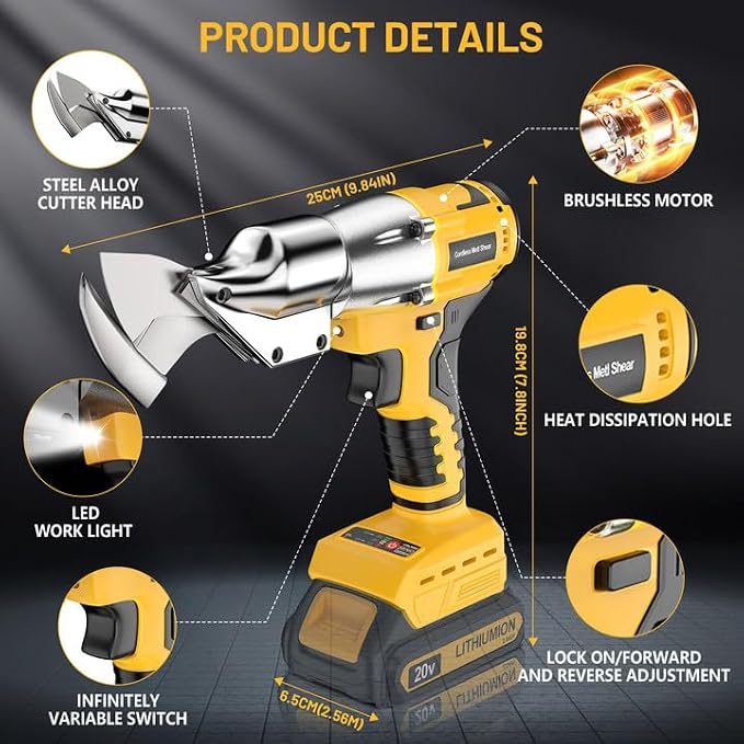 Cordless Sheet Cutter Compatible with DEWALT 20V Max Battery, Electric Metal Shears with 360° Pivoting Head, Max Torque 221 Ft-Lbs, Brushless Scissors for Stainless Steel, Metal, Iron (Tool Only)