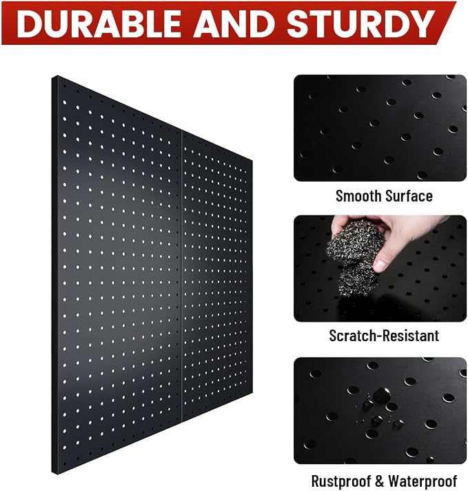 Peg Board, Metal Pegboard Wall Organizer System, 12x24 in Heavy-Duty Steel Peg Board with 38 Hooks, Modular Expandable Pegboard for Garage, Workshop & Home Organization (Black, 4 Pack)