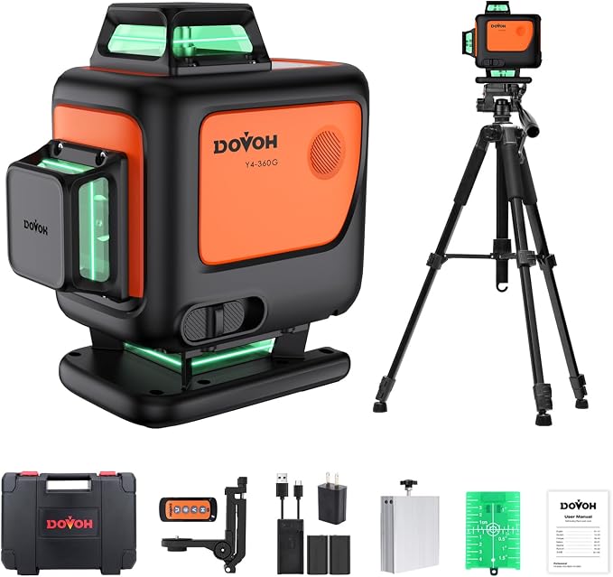 DOVOH 4D Laser Level 360 Self Leveling with Tripod, Y4-360G-KIT | Dual Batteries, Pulse Mode, Hard Toolbox, Green Beam, 4 Plane, For Construction, Flooring, Tiling, Ceiling