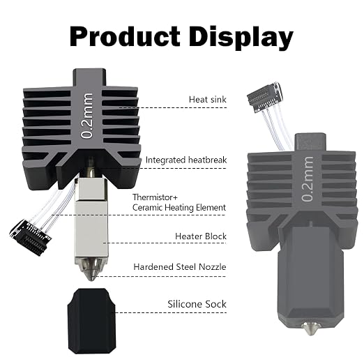 Upgraded 0.2MM P1S/P1P Hotend Full Assembly, Integrated Nozzle Leak-Free | Hardened Steel Nozzle, Ceramic Heater, Thermistor, Extruder Heating Block, High-Temp Resistant to 300℃ for Bambu Lab P1 Sery