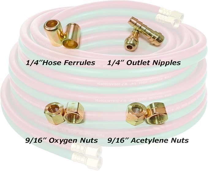 50PCS Torch Hose Repair Kit, Hose Repair Kit for Oxygen and Acetylene1/4" I.D. Welding Hoses with Size "B" 9/16"-18 Connectors with Hoses Ferrules/Oxygen Nuts/Acetylene Nuts/Outlet Nipples
