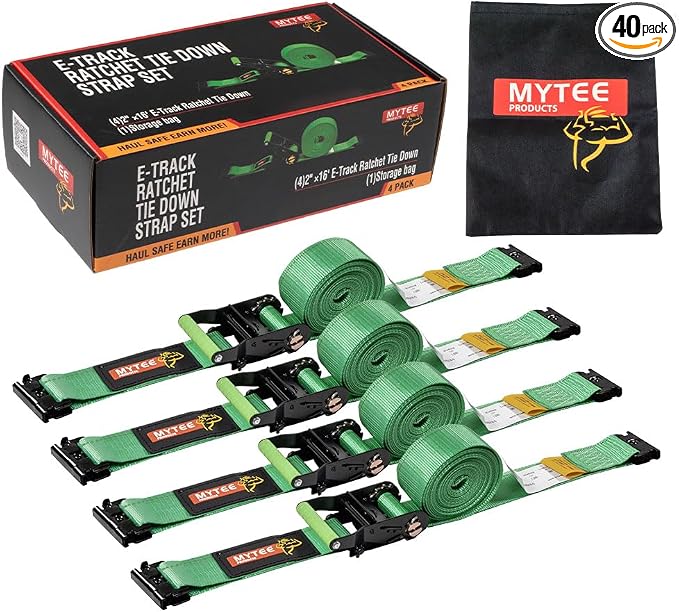 Mytee Products 40 Pack 2" x 16' Green E-Track Ratchet Tie Down Straps 1,500 lbs WLL, 4,500 lbs BS, Spring-Loaded Double Stud E-Fittings for Enclosed Trailers & Trucks, Padded Handles & Storage Bag