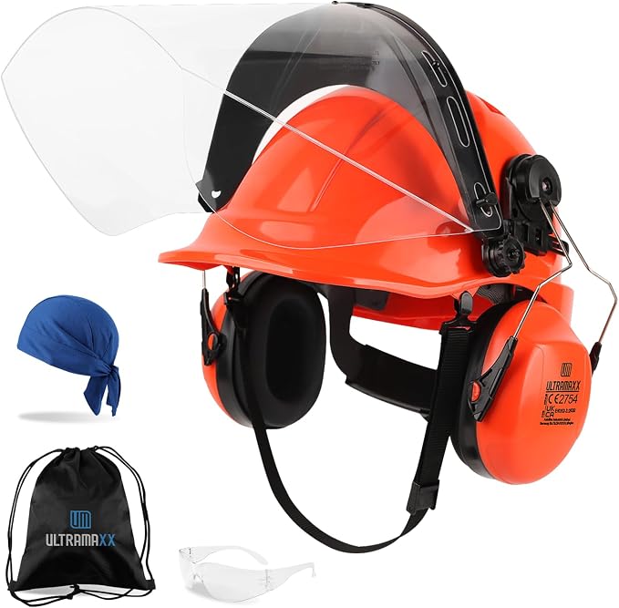 UM ULTRAMAXX 6-in-1 Chainsaw Helmet with Polycarbonate Clear Visor and Ear Muffs, Forestry Safety Hard Hat Kits, ANSI Z89.1 Approved Certified Arborist Helmet, Orange