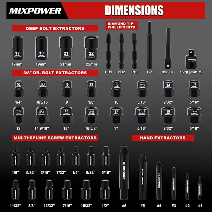 MIXPOWER 46-Piece Impact Bolt Extractor Socket Set,Bolt & Nut Remover Socket Tool Kit, Stripped Bolt Extractor for Damaged Screws and Bolts
