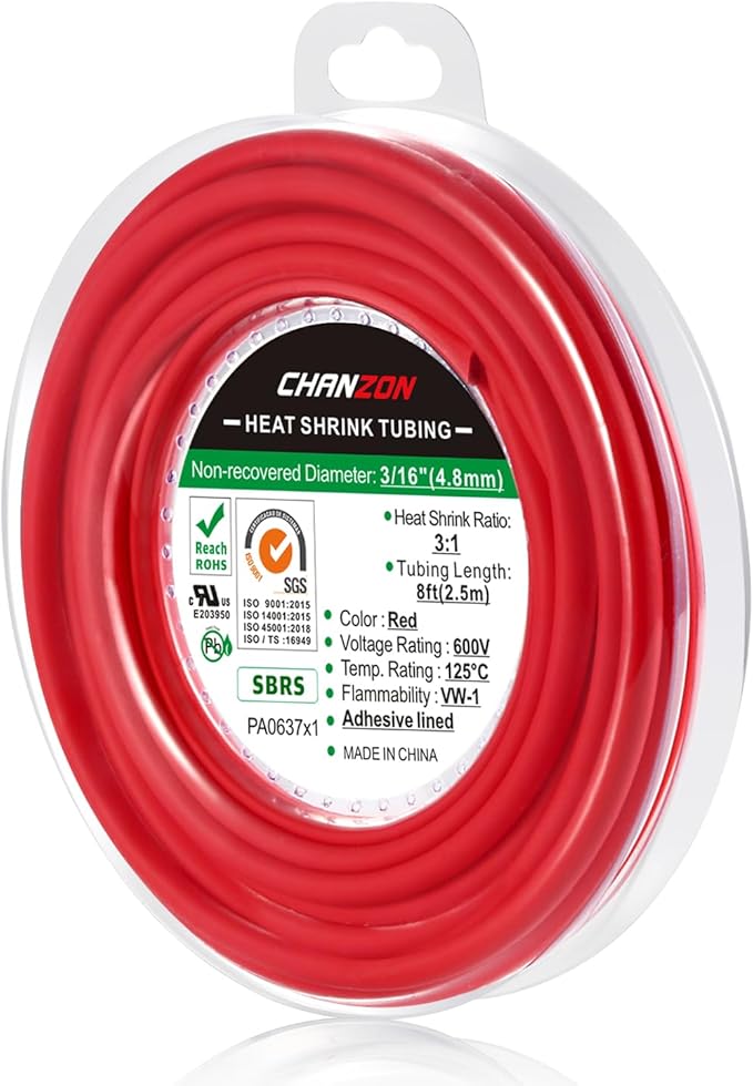 Chanzon 3:1 Ratio 3/16" (4.8mm) Heat Shrink Tubing - Marine Grade Waterproof Adhesive Lined - 8Ft Roll (2.5M Total Length) Red Polyolefin Sleeving Wrap Shrinking 3 to 1 Ratio 1pcs