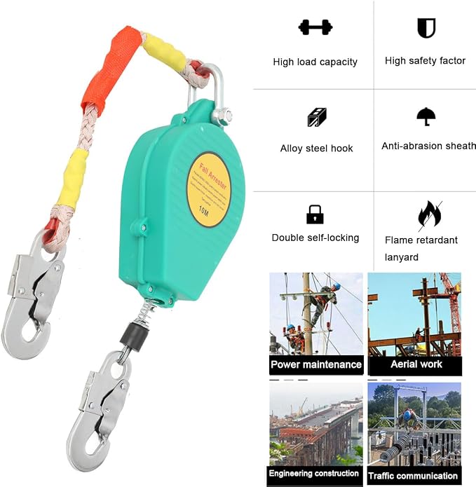 Self Retracting Lifeline 33ft 330lbs Fall Arrester Lanyard Protect Safety Harness Fall Protection with Alloy Steel Hook Steel Wire Rope(10m)