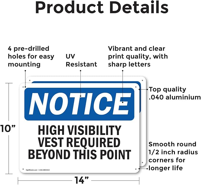 (2 Pack) High Visibility Vests Required Beyond This Point OSHA Notice Sign 14 Inch X 10 Inch Indoor/Outdoor Rust-Free Aluminum Metal Signs for Workplace, Workshop, and Construction Site