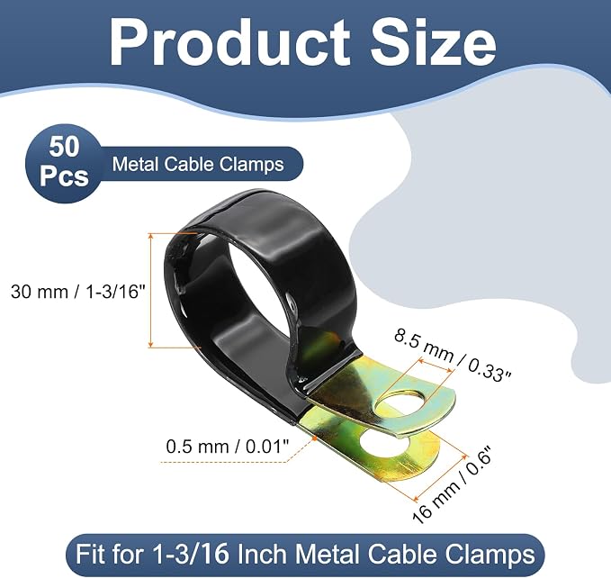 PATIKIL 1-3/16 Inch Vinyl Coated Cable Clamps, 50 Pack Galvanized Steel Metal Cable Clips Rubber Cushion Insulated Pipe Clamps for Tube Lines Cord Wire Management, Black