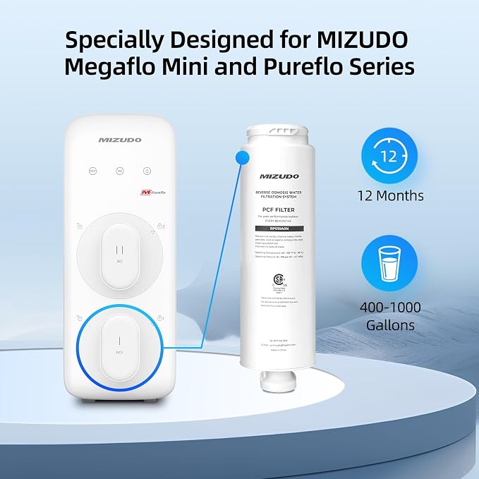 Mizudo Mini PCF Filter, Compatible with Mini/Smart Wifi Mini Reverse Osmosis System, 8 Stage Under Sink RO System, 3:1 Pure to Drain, TDS/PFAS Reduction