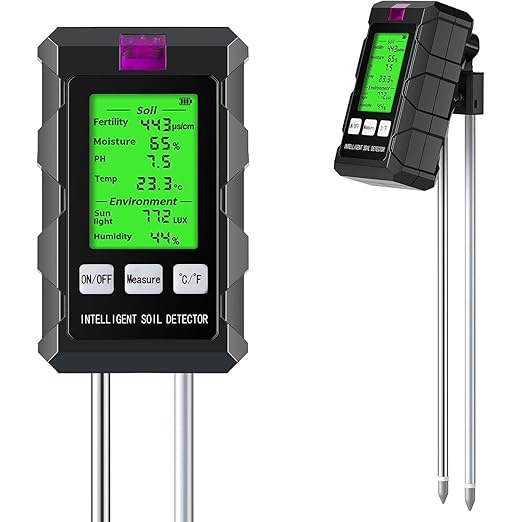 6-in-1 Soil Moisture Meter, Soil Tester for Moisture, pH, Temperature, Sunlight, Air Humidity and Fertility, for Farming, Gardening and Outdoor Plants (2*AAA Battery Needed)