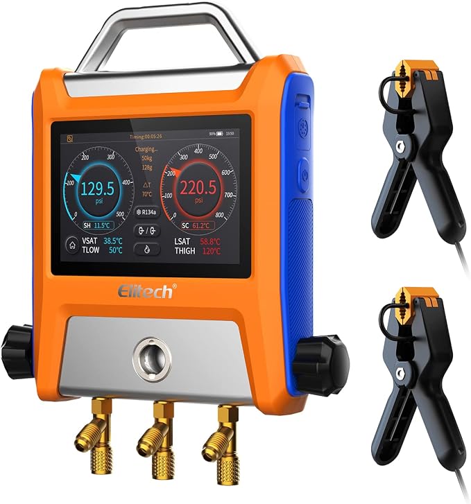 Elitech EMG-20V Intelligent HVAC Digital Manifold Gauge Three Port with Vaccum Sensor Thermometer Clamps Hoses
