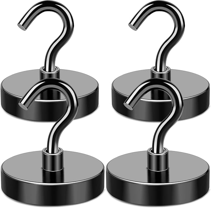 MIKEDE Magnetic Hooks 150LB Super Strong Magnet Hooks | Heavy Duty for Cruise Essentials Black Neodymium Earth Magnets with Hook for Hanging Metal Hanger for Fridge Toolbox 4 Pack
