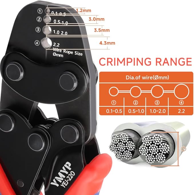 Wire Rope Crimping Tool with Ratchet, Ferrule Swaging Tool for Aluminum Sleeves, Loop Sleeves, Wire Rope Crimper for 1/64''-3/32''(0.1mm-2.2mm) Cables, Heavy-Duty Swaging Tool for Railing,Fishing