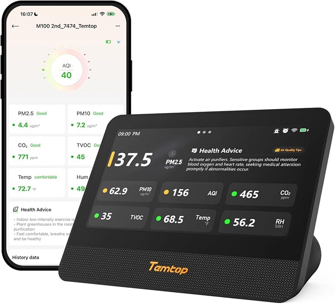 Temtop WiFi Air Quality Monitor M100 2nd Gen, 7 Inch Touchscreen CO2 Detector & Air Quality Tester for PM2.5 PM10 TVOC Temperature Humidity, Air Analyzer for Home Office with LoRa Extension