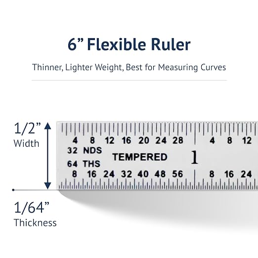 PEC Tools 6" Flexible Metal Ruler, Made from High-Quality Carbon Steel with Satin Chrome Finish, 16R Graduation (1/32", 1/64", 1/50", 1/100"), Trusted by Professionals, Made in USA