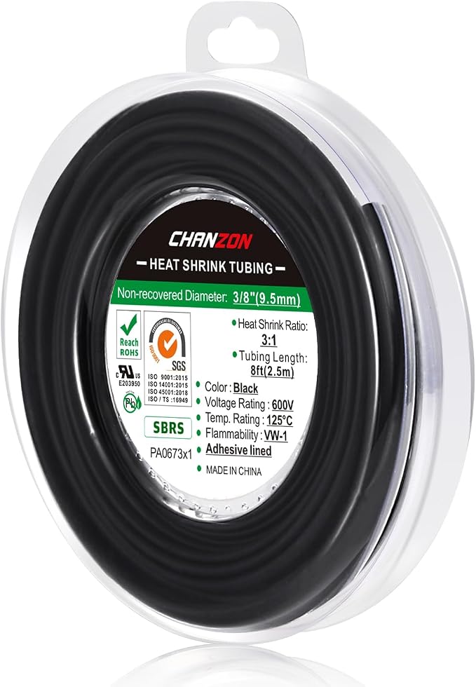 Chanzon 3:1 Ratio 3/8" (9.5mm) Heat Shrink Tubing - Marine Grade Waterproof Adhesive Lined - 8Ft Roll (2.5M Total Length) Black Polyolefin Sleeving Wrap Shrinking 3 to 1 Ratio 1pcs
