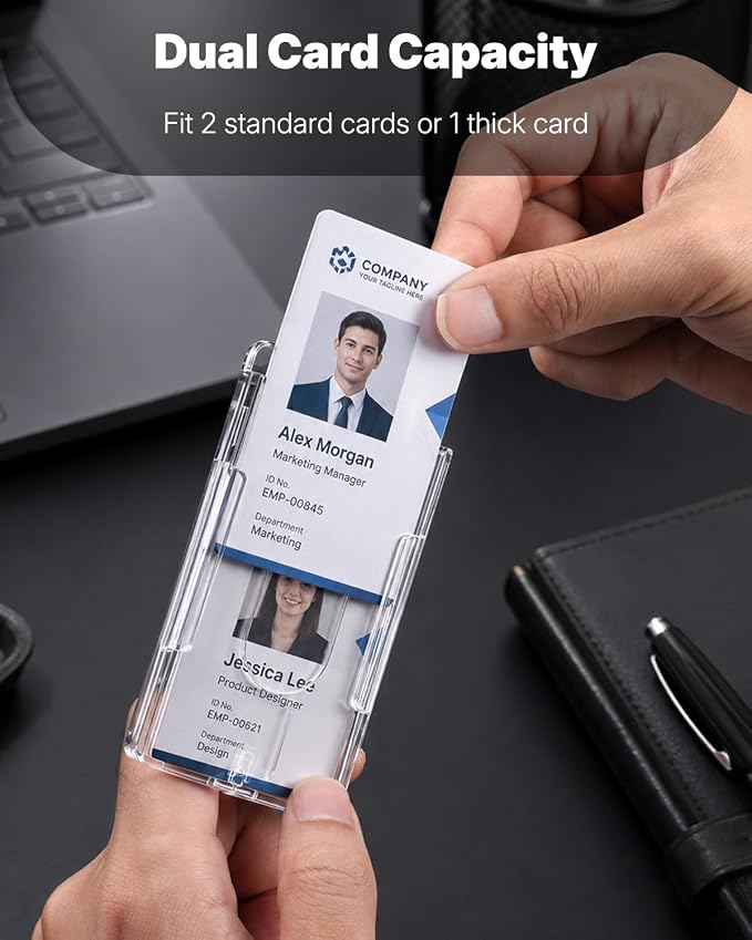 Pawfly 2 Pack Vertical 2-Card Badge Holders for Office School IDs | Rigid transparent PC case holds 2 cards vertically thumb slot allows easy card removal for office, school and access IDs
